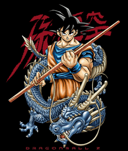 Taky duży smoczur i Goku z kijem w łapach